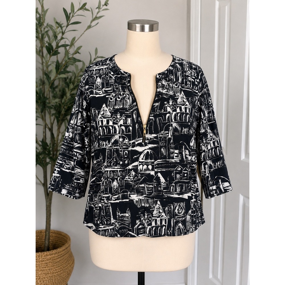 Belle by Kim Gravel Black White Architecture Sketch Zip Front 3/4 Sleeve Top XL